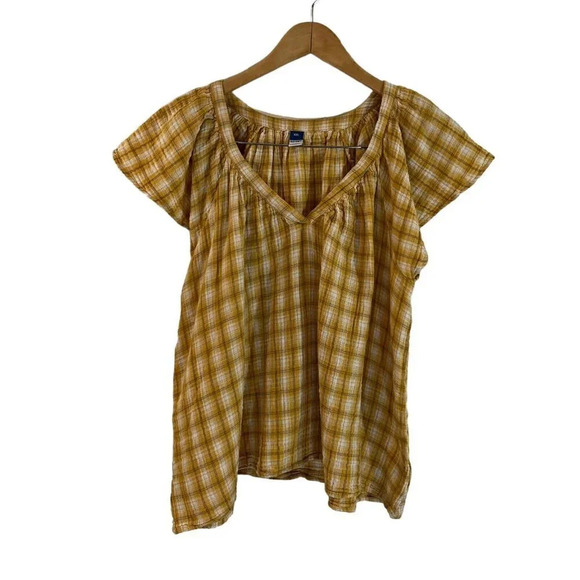 Old Navy Yellow Plaid Blouse Plus Size XXL Flared Short Sleeves V Neck Pullover - Picture 1 of 6